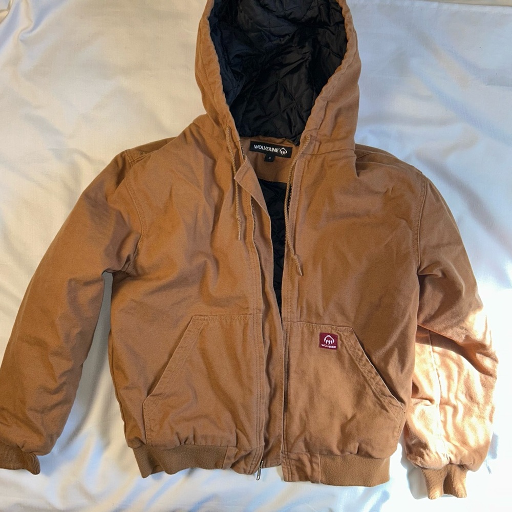 Wolverine Brown Duck Canvas Hooded Work Jacket Mens M Quilted Lined